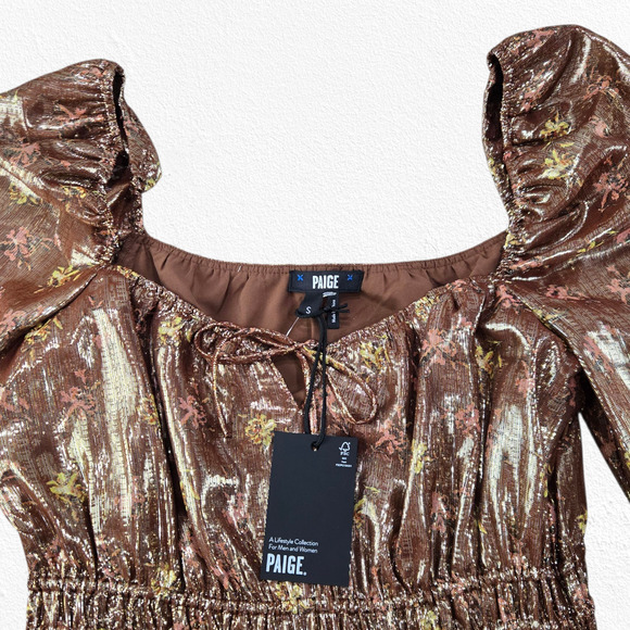 Paige Noah Metallic Silk Blend Bronze Romantic Mini Dress Size Small NWT $350 - Picture 4 of 13